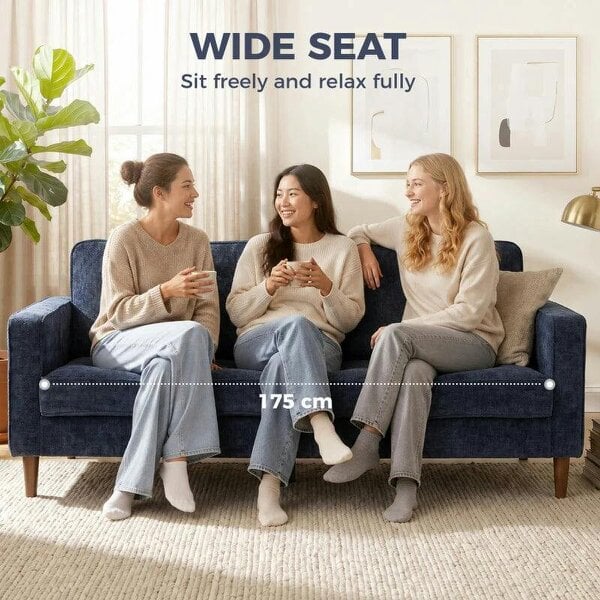 3 Seater Sofa Button Tufted Upholstered Couch with Wood Legs for Living Room, Dark Blue