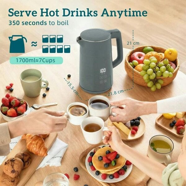 Electric Kettle, 1.7L Fast Boil 3kW Water Kettle with UK Strix Thermostat, LED Display, Keep Warm Function, Grey