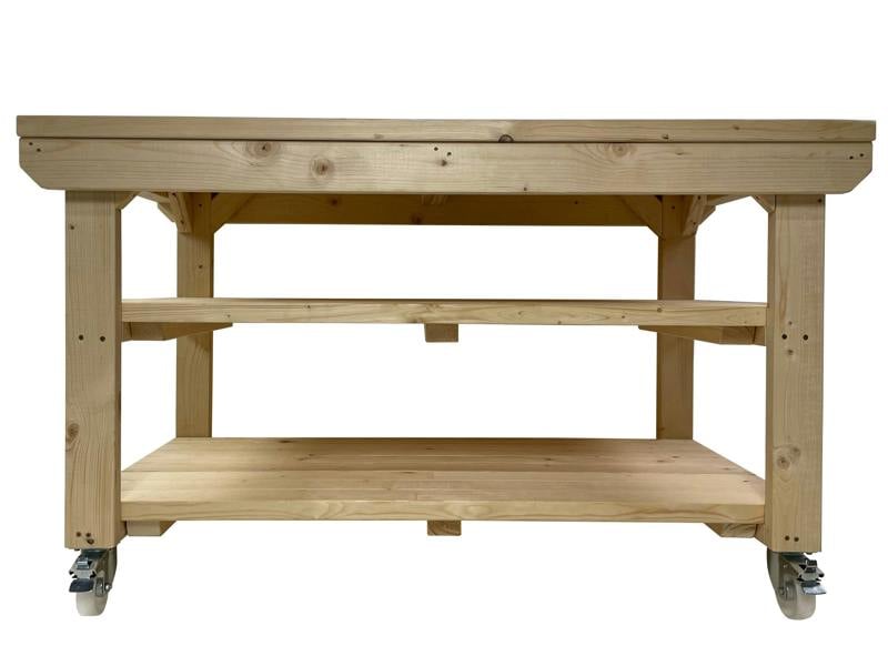 Rotem Wooden Kiln-Dry Workbench – 3ft Depth Sturdy and Durable Workstation with Wheels and Double Shelf for Extra Storage, Ideal for Garages, Workshops, and Sheds