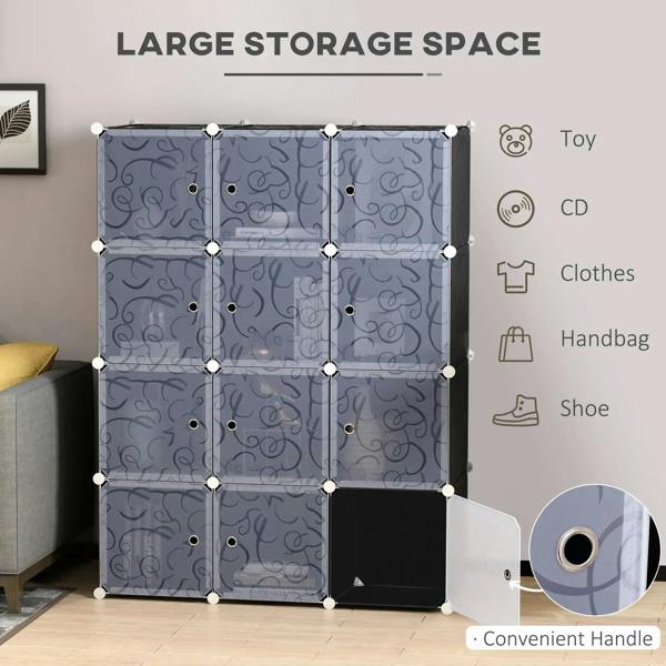 Cube storage wardrobe with blue-gray patterned compartments, white connector nodes, and black sides
