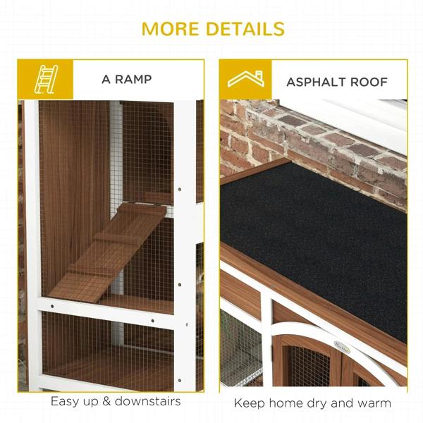 Two-tier wooden pet hutch with internal ramp and sloped asphalt roof cover