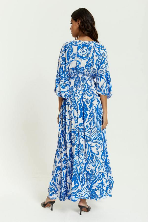 Hoxton Gal Oversized V Neck Detailed Floral Print Maxi Dress in Blue and White