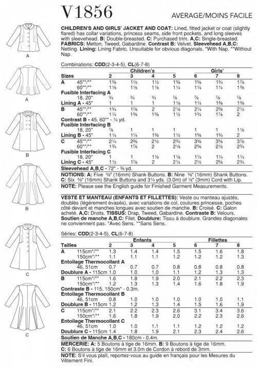 Vogue Sewing Pattern 1856, Jackets, Coats for Kids, CDD (2-3-4-5) - Intermediate