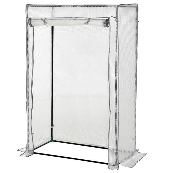 White mini greenhouse with PE panels, open roll-up side, and base feet