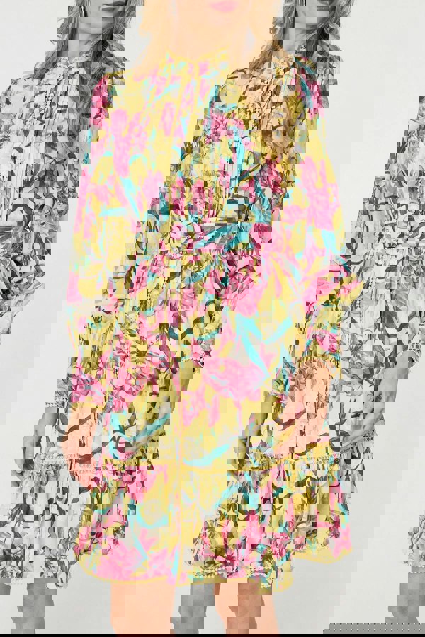 Yellow | Floral High Neck Long Sleeve Short Dress
