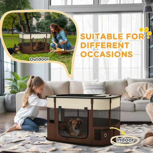 Brown portable dog pen with mesh sides and front viewing window; rounded roof frame