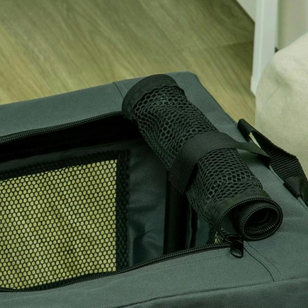Grey pet carrier top handle and rolled mesh window cover with fastening straps