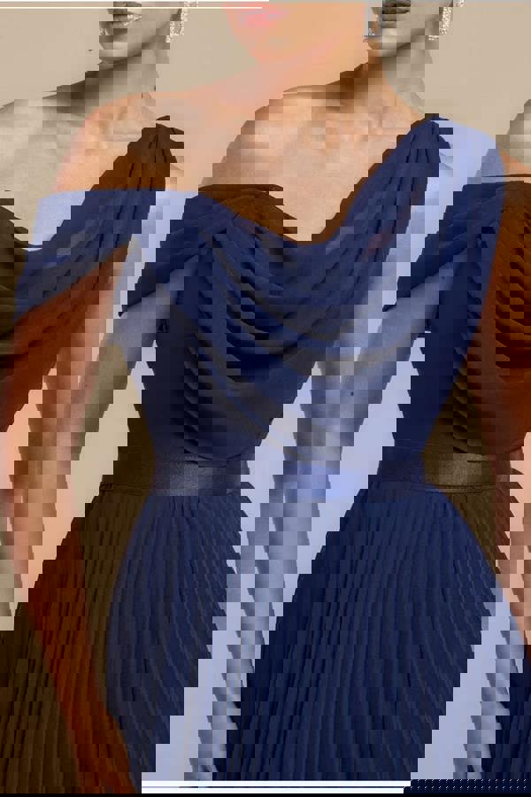 Cowl Neck One Shoulder A Line Chiffon Maxi Dress - Navy Blue DR4506