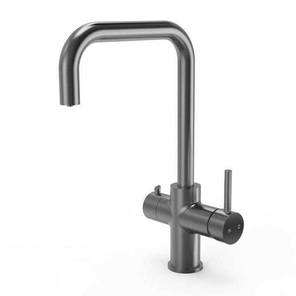 Gun metal grey kitchen boiling water tap on a white background