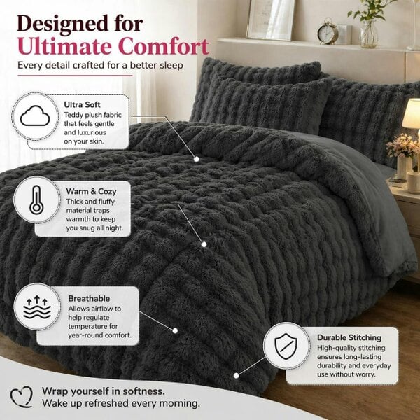 Night Zone Teddy Square Fleece Duvet Cover Set – Ultra Soft Fluffy Plush Bedding