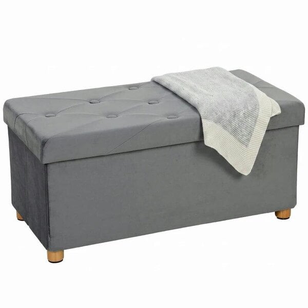 Velvet Upholstered Foldable Ottoman Footrest, Storage Ottoman Bench with Wood Legs for Living Room, Grey