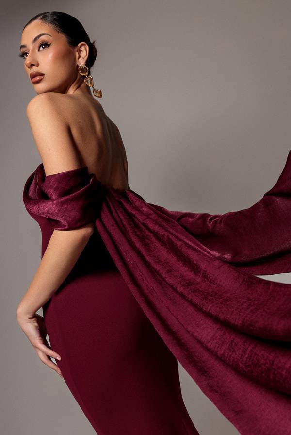 Off Shoulder Velvet Satin Wings Cape Maxi Dress - Burgundy DR5079