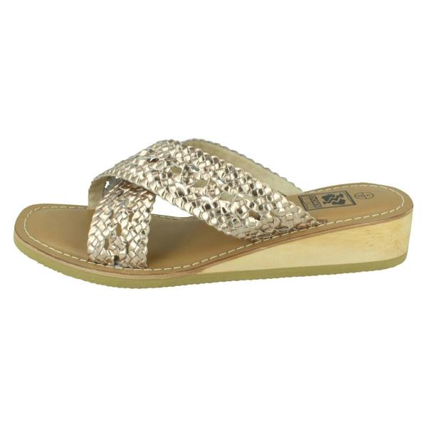 Down to Earth Ladies Down To Earth Low Wedge Leather X Strap Mule Sandal F00430