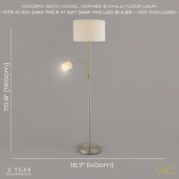 Contemporary Mother & Child Floor Lamp in Satin Nickel with Cotton Fabric Shades Image 6