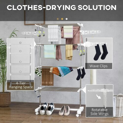 Bobobiy Four-Shelf Collapsing Clothes Horse, With Side Arms and Wheels - White
