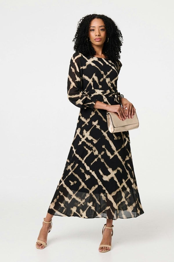 Black | Printed Long Sleeve Tie Waist Maxi Dress