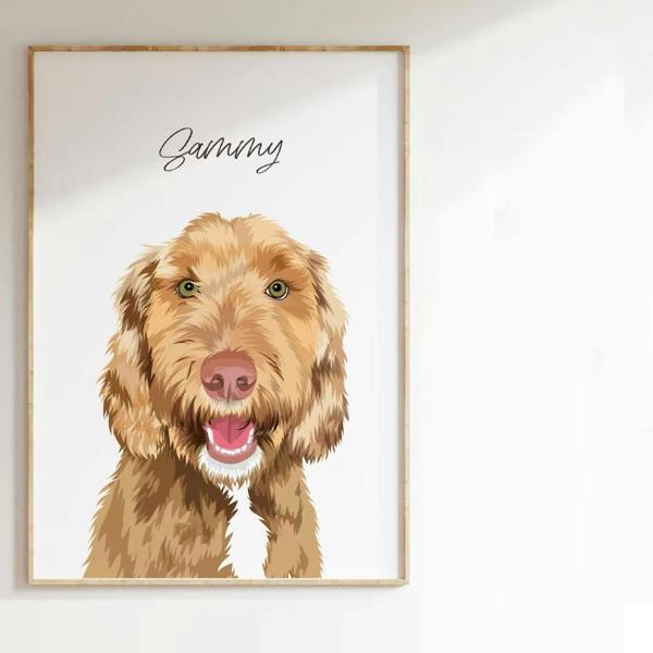 A hand-illustrated custom pet portrait print featuring a brown doodle dog named Sammy, displayed in a wooden frame against a white wall.