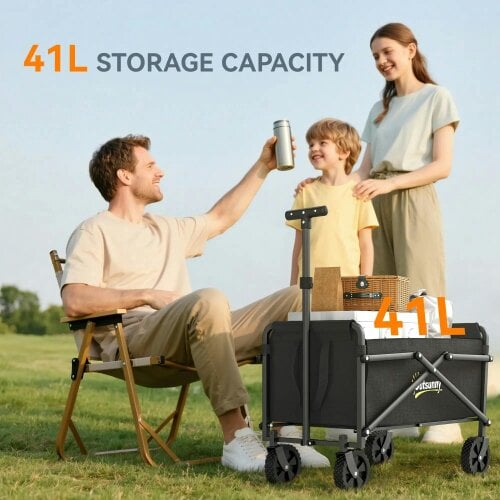 Bobobiy 41L Festival Trolley on Wheels, 60kg Heavy Duty Collapsible Foldable Wagon with Adjustable Handle and Carrying Bag for Beach, Black