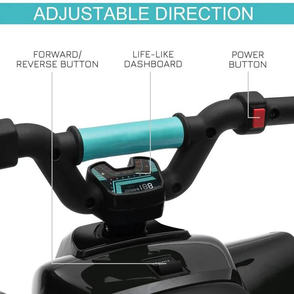 Ride-on car handlebar controls with forward/reverse button area and power switch
