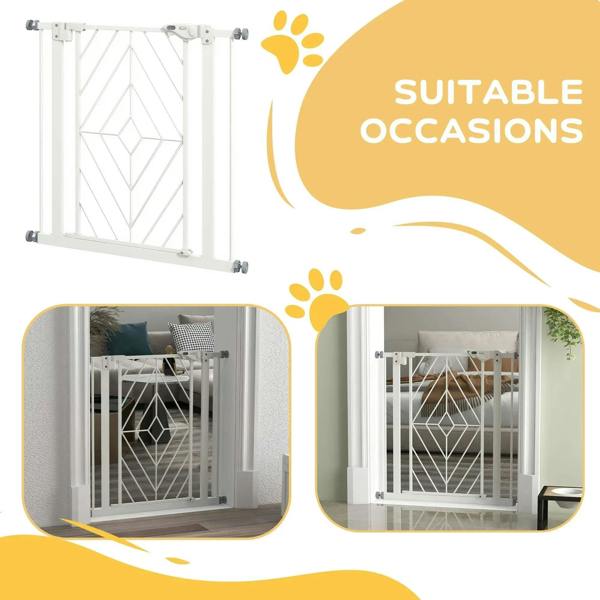 White pressure fit stair gate with door, metal mesh panels and adjustable pressure posts