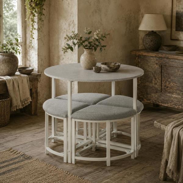 Wyld Haus Bavino Metal And Fabric Grey Round Dining Table With 4 Upholstered Stools