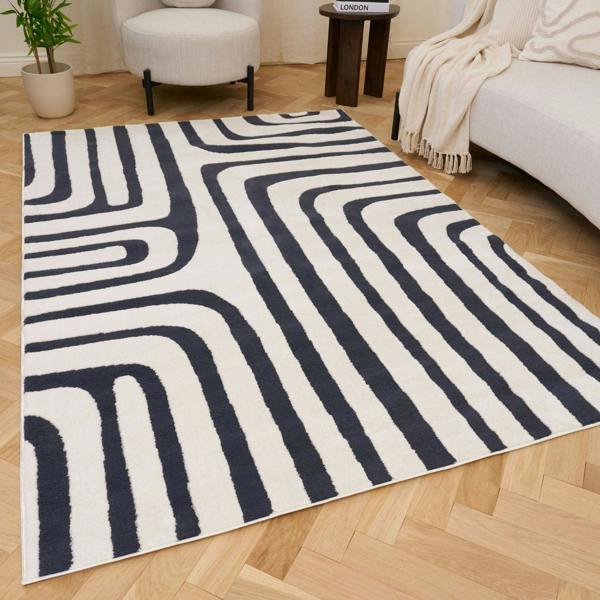 Blue Cream Rug Geometric Design, Suitable Underfloor Heating, Fade, Stain-Resistant