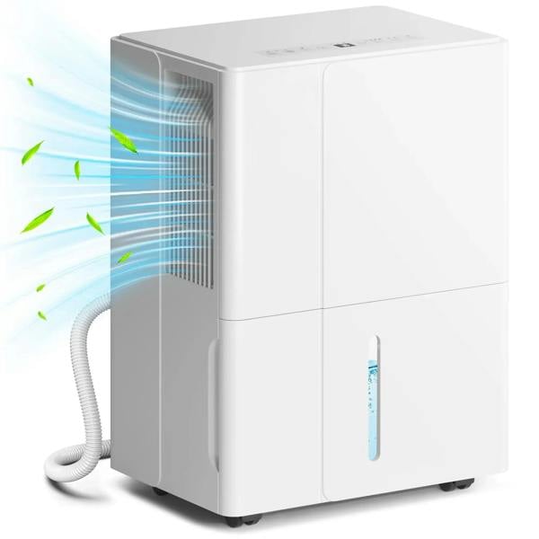 White 30L clothes dryer dehumidifier with front humidity gauge and ventilation hose