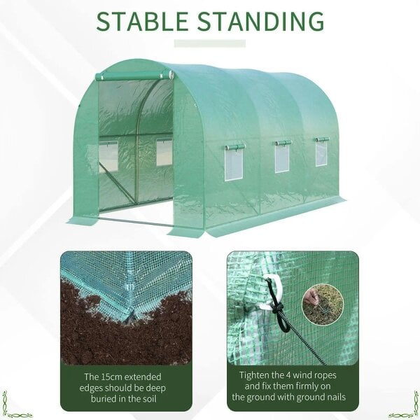 Bobobiy 4 x 2 m Polytunnel Greenhouse with Roll-up Door and 6 Mesh Windows, Green, 4 x 2 x 2 m