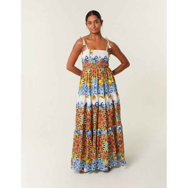 Blue Vanilla Lemon Abstract Print Shirred Maxi Dress