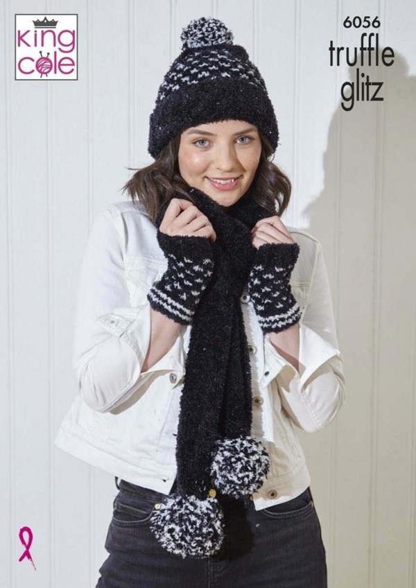 King Cole Truffle Glitz Knitting Pattern 6056, Headwear, Scarves, Wrist Warmers for Women, One Size