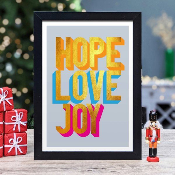 Hands & Hearts Hope Love Joy golden words art print