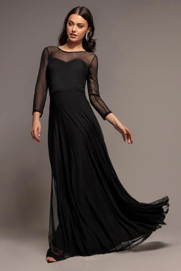 Sheer Sleeve Dobby Mesh Sweetheart A Line Maxi Dress - Black DR5270