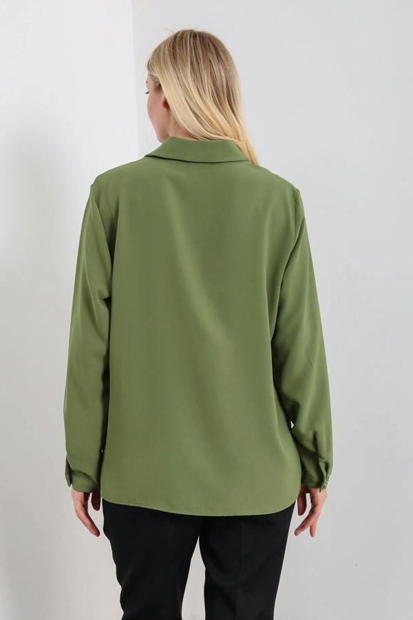 Hoxton Gal Oversized Long Sleeves Shirt Collar Blouse Top with Brooch Detail in Khaki