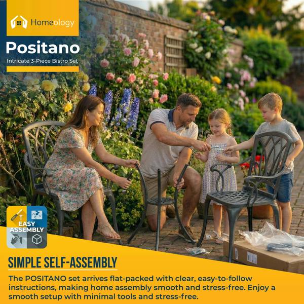 Homeology POSITANO Luxurious Garden and Patio Table and 2 Large Chairs with Armrests Cast Aluminium Bistro Set - Grey