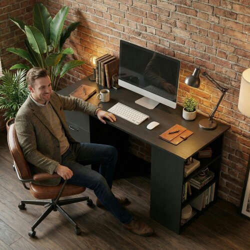 Wyld Haus Malilu 120cm Wooden Black Home Office Desk With 3 Shelves And Drawer Storage