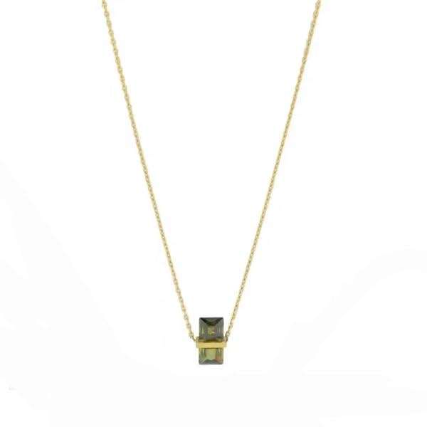 A delicate gold chain necklace featuring a small square pendant with a dark green stone and a gold bezel setting, displayed against a solid white background.