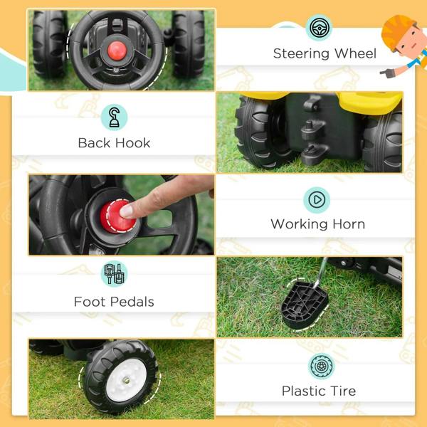 Kids yellow pedal digger ride-on feature icons: steering wheel, horn, pedals