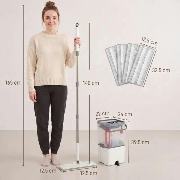 Bobobiy Mop and Bucket Set, Compact Flat Mop and Bucket with Wringer, 2-Port Design, 5 Reusable Microfiber Pads, White