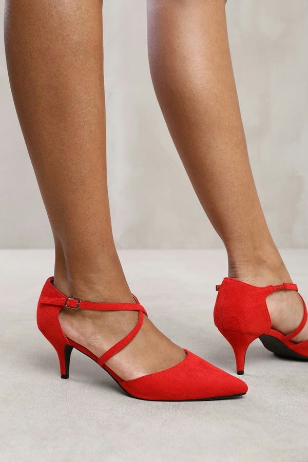 Where's That From Seaney Low Kitten Heel With Crossover Strap in Red Suede