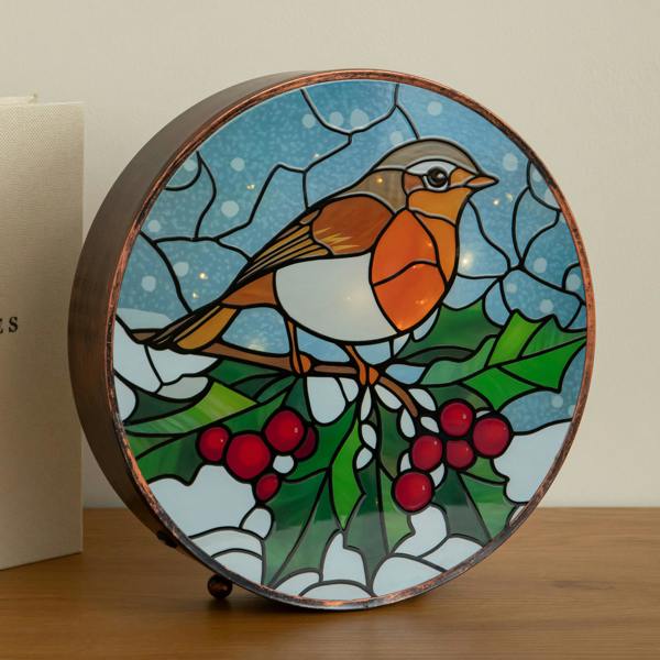 Samuel Alexander 25cm Stained Glass Robin Light Up Christmas Decoration with LEDs