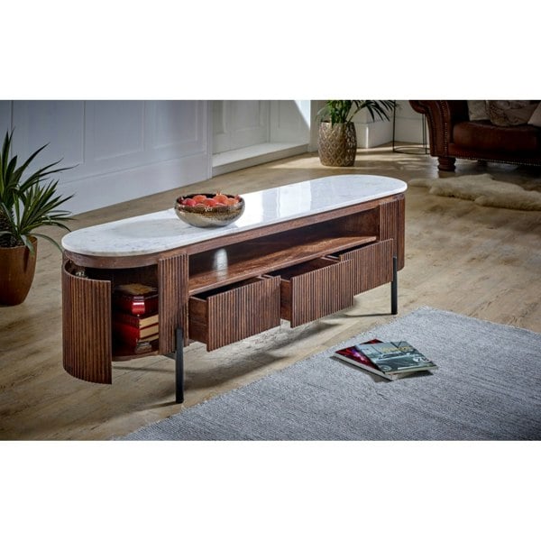 IH Design Miel Mango Wood Large TV Stand With Marble Top & Metal Legs