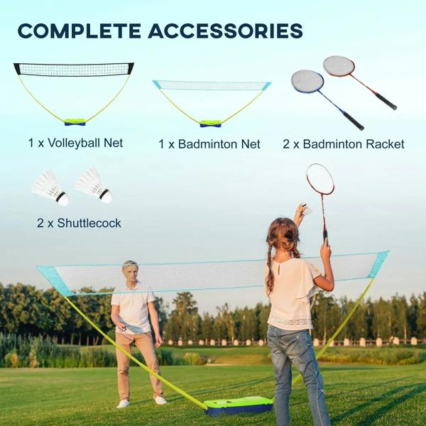 Complete net sports set with badminton and volleyball nets, rackets, and shuttlecocks