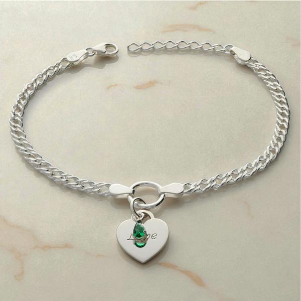 Love Silver Sterling Silver Heart and Birthstone Double Curb Bracelet With Optional Engraving