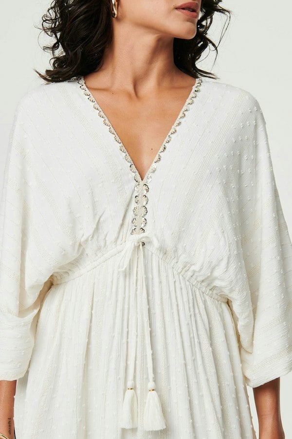 Cream | Textured V-Neck Empire Kimono Maxi Dress
