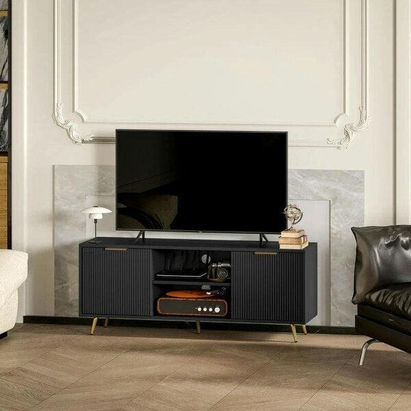 Modern TV Stand Cabinet for TVs up to 55", 2 Open Shelves & 2 Cabinets, Entertainment Centre - Cable Management for Living Room, Black