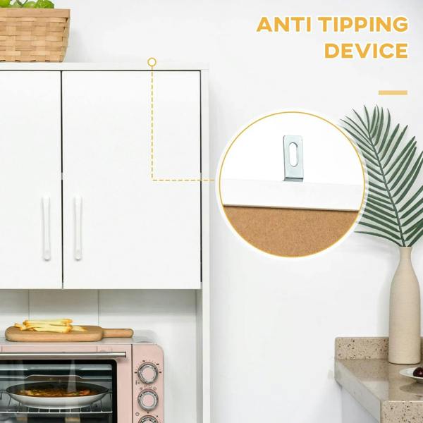 White cabinet with anti-tip device bracket and door hinge secured to the wall