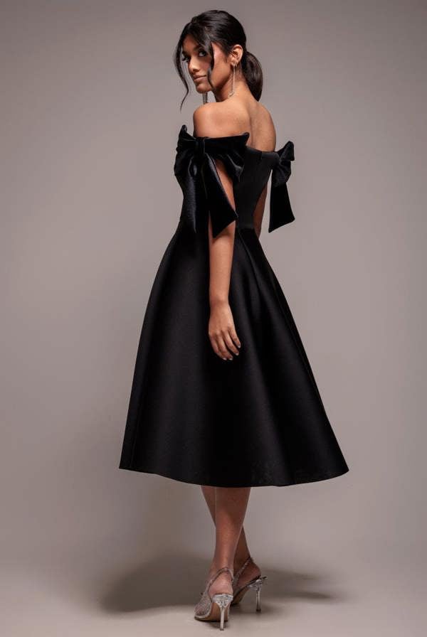 Scuba Off The Shoulder Velvet Bow Skater Midi Dress - Black DR4935