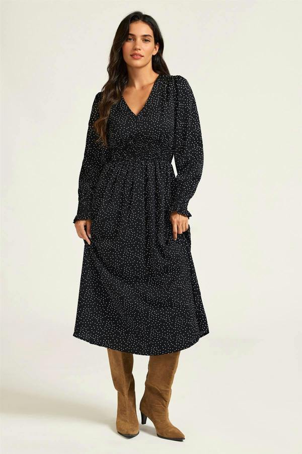 FS Collection Polka Dot Print Long Sleeve Midi Dress In Black
