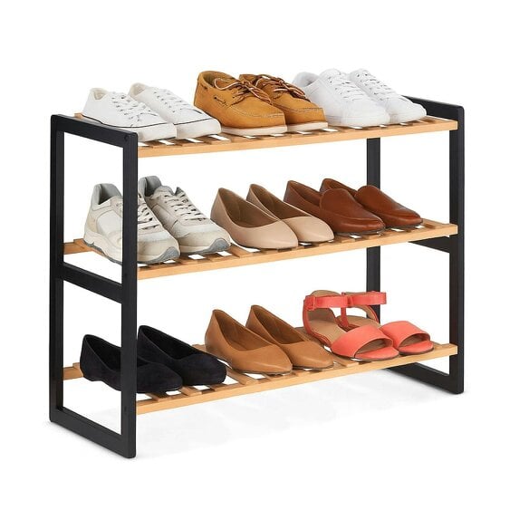 Neo Black Natural 3-Tier Bamboo Shoe Rack Stand Natural Wooden Shoe Storage Shelf for Hallway Bedroom Bathroom