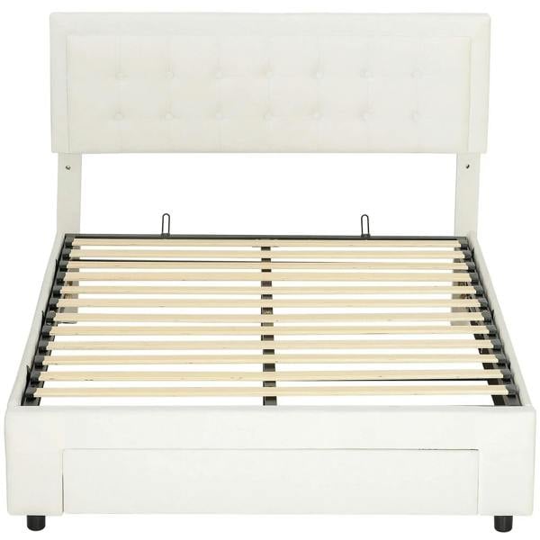 Upholstered cream double bed frame with tufted headboard, slatted base and front drawer.